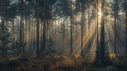Obraz premium A forest with morning sunlight shining through the trees (Ray of Light)