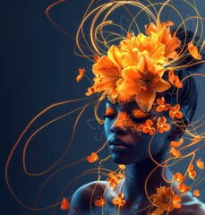 Beauty black skin woman face portrait with blue lighting and orange tropical flowers on dark blue background