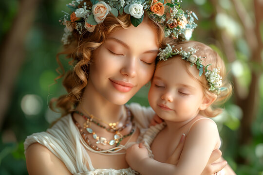 a woman is holding a baby with a flower crown on her head