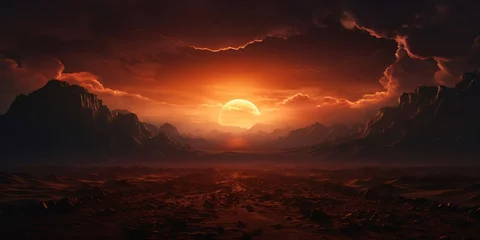 Foto op Plexiglas anti-reflex Fantasy alien planet. Mountain and sun. 3D illustration. © Hawk