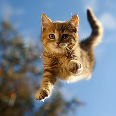 Cat is jumping in the air and looking at the camera