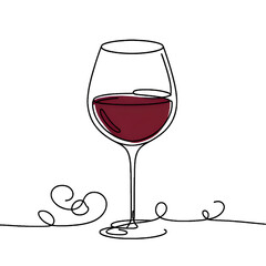 Continuous one line drawing of glass of red wine. high quality and isolated on a white background