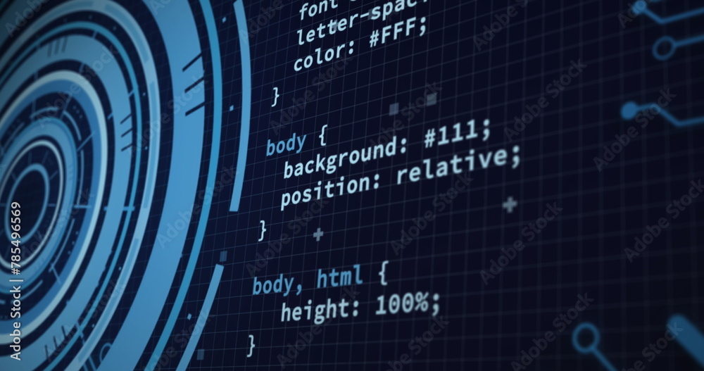 Poster image of loading circles, computer language and circuit board pattern over black background