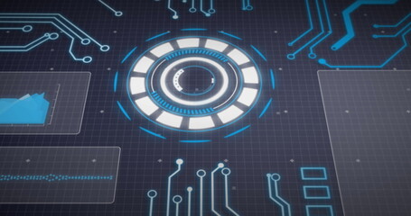 Image of arc reactor, graphs, computer language and circuit board pattern over black background