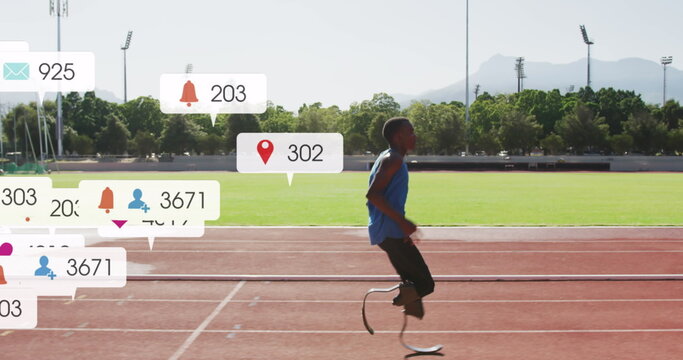 Fototapeta Image of multiple notification bars, african american athlete running on race track