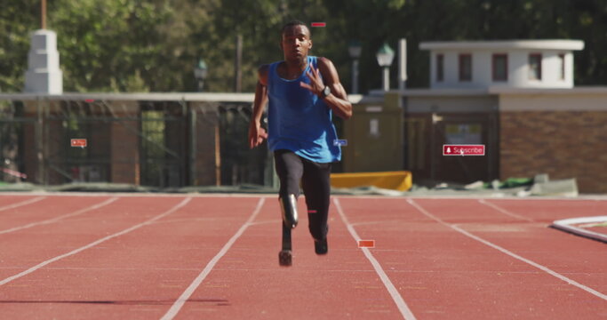 Fototapeta Image of notification bars over african american athlete running on race track