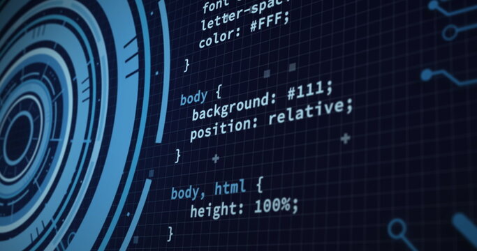 Image of loading circles, computer language and circuit board pattern over black background