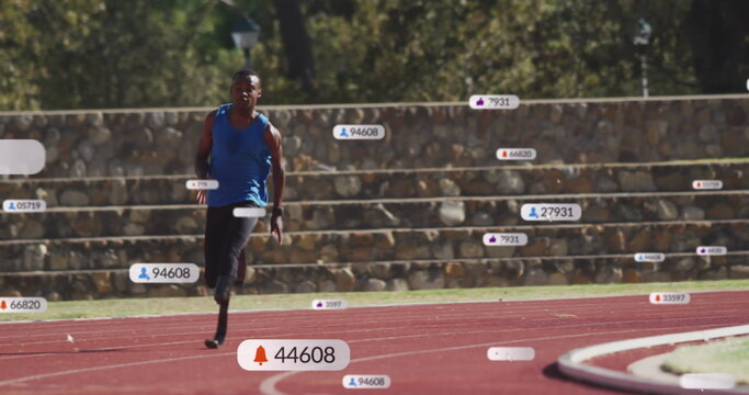 Fototapeta Image of notification bars over african american athlete running on race track