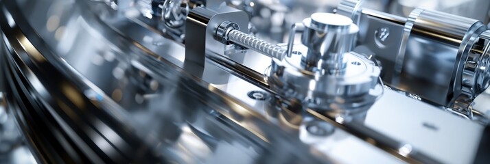 Highly detailed close-up of precision machinery components with a metallic sheen