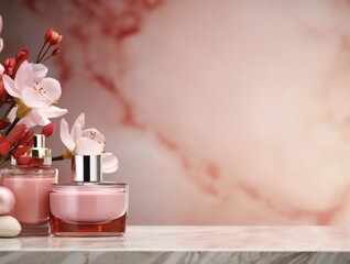 Cosmetic bottle containers with flowersle table. 3d rendering