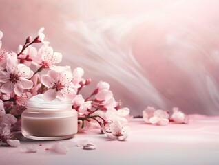 Jar of cream and blooming branch of sakura on light background