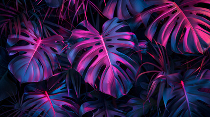 Tropical leaves glowing in neon pink and purple tones.