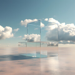 glass mirror box in between sand desert with blue sky and clouds
