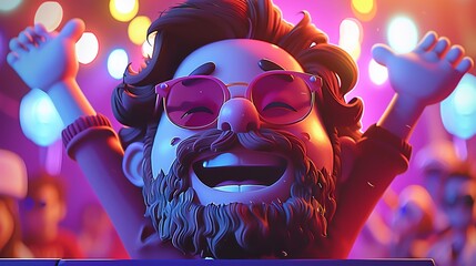 3D cartoon man with a beard and sunglasses at a festival, music and lights background