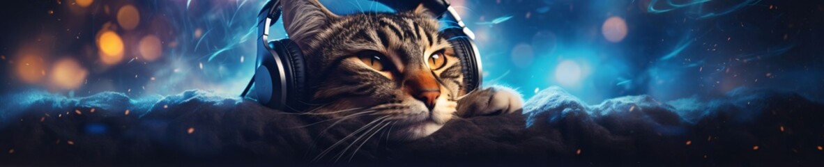 Portrait of a cat wearing headphones and listening to music. Mixed media