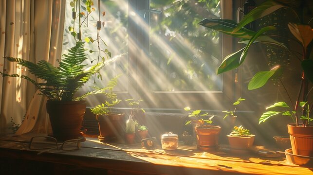 Bedroom with sun rays coming through window,warm and cozy during the golden hour,Tyndall effect.