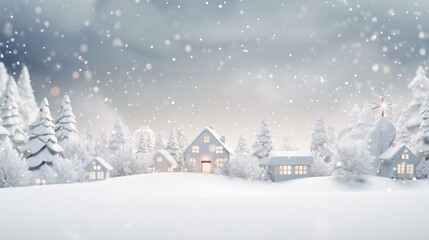 Christmas and New Year background. Winter landscape with houses, trees and snowflakes.