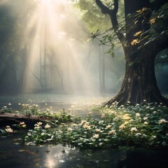 Morning fog in the forest with white lotus flower blooming.