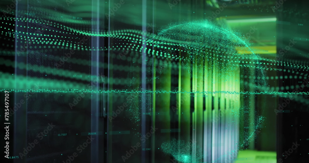 Poster image of data processing and green digital wave against computer server room