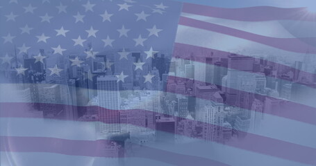 Fototapeta premium Image of waving usa flag against 3d city model