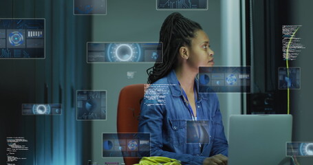 Image of data processing over african american businesswoman by computer servers