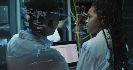Image of data processing over diverse it technicians by computer servers