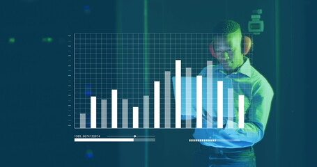 Image of data processing over african american male it technician working by computer servers