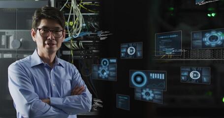 Image of data processing over asian businessman by computer servers
