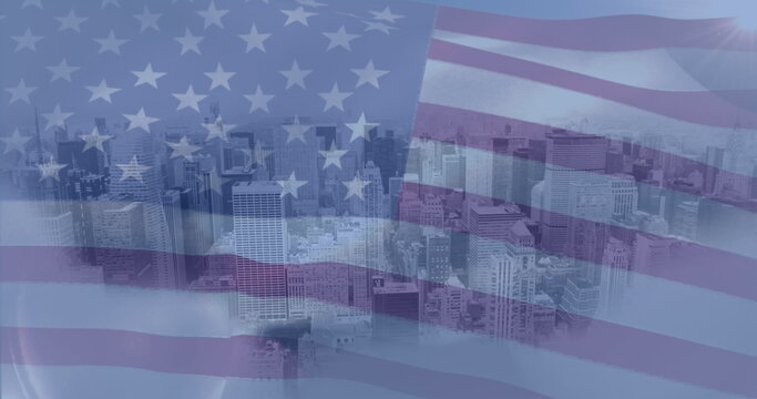 Naklejki Image of waving usa flag against 3d city model