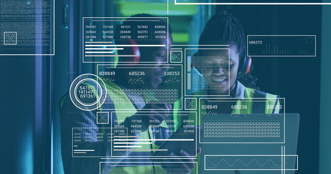 Image of data processing over diverse it technicians working by computer servers