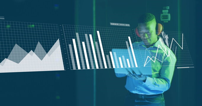 Image of data processing over african american male it technician working by computer servers - Powered by Adobe