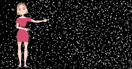 Image of illustrative female pointing and snowfall against black background