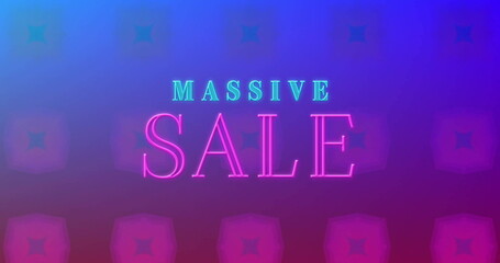 Image of massive sale text over blue and pink neon squares