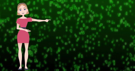 Image of illustrative female representation and binary codes over green background