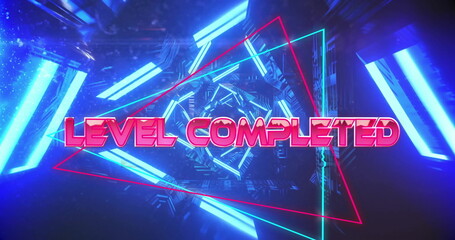Image of level completed text over neon pattern background