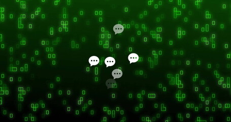 Image of speech bubbles and binary codes over green background
