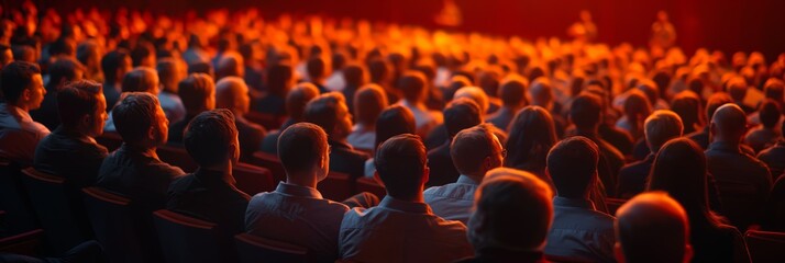 A packed auditorium with individuals captivated by a speaker, bathed in dramatic red light that creates a focused atmosphere - obrazy, fototapety, plakaty