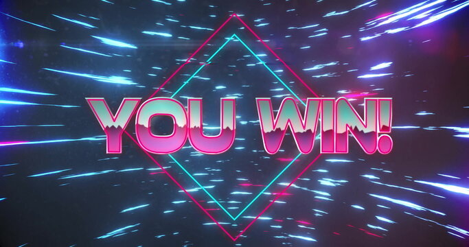 Image of you win text over neon pattern background