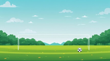 Soccer field with green grass and blue sky. Vector illustration. - obrazy, fototapety, plakaty