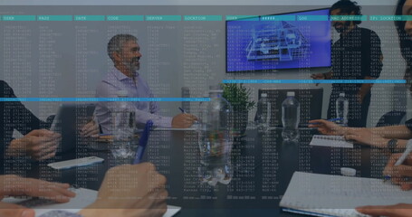 Image of financial data processing over diverse business people in office