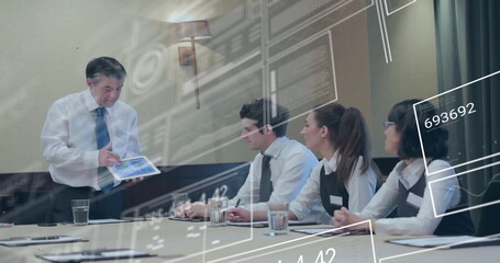 Image of financial data processing over diverse business people in office