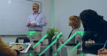 Image of financial data processing over diverse business people in office