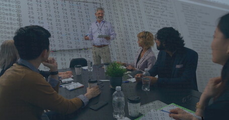 Image of financial data processing over diverse business people in office