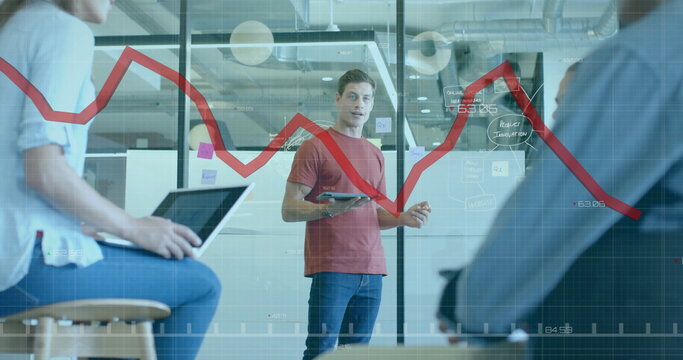 Image of red line and data processing over diverse business people in office