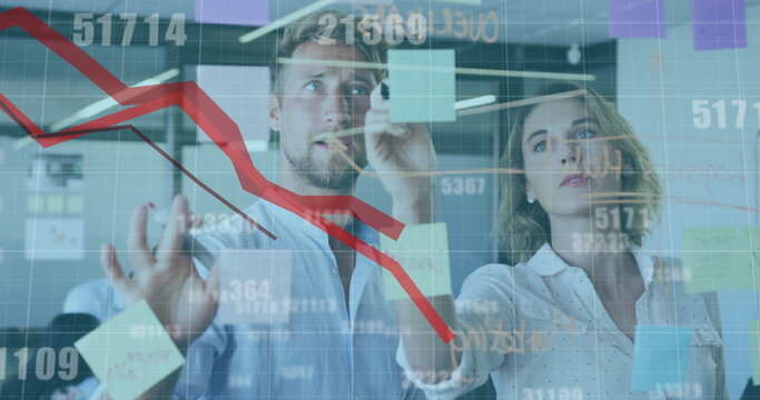 Image of red lines and data processing over diverse business people in office