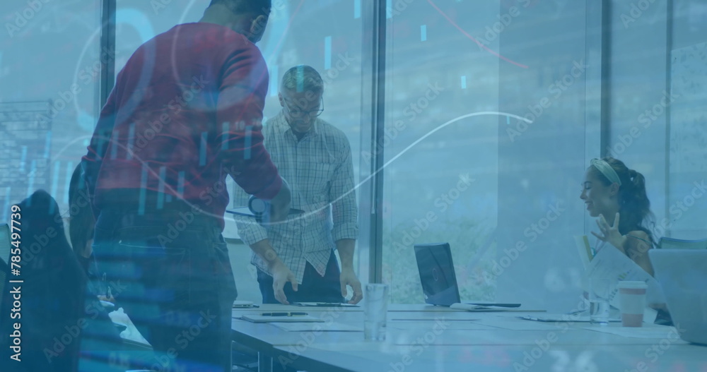 Canvas Prints Image of financial data processing over diverse colleagues having meeting in office