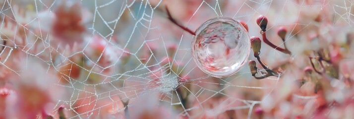 Close-up of pristine dewdrop delicately positioned on a spider web among red foliage, invoking themes of purity and nature - obrazy, fototapety, plakaty
