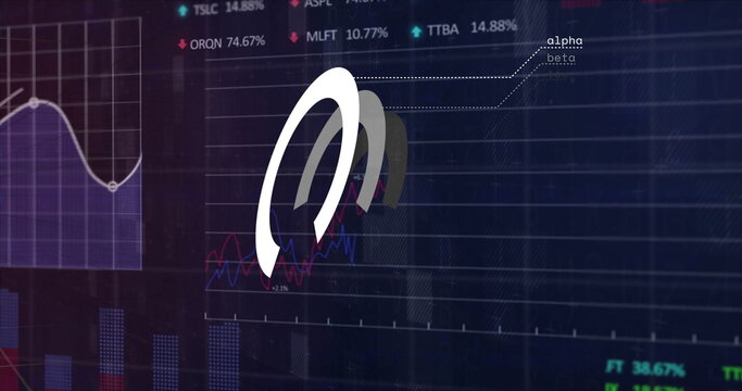 Image of financial data processing over grid on dark background