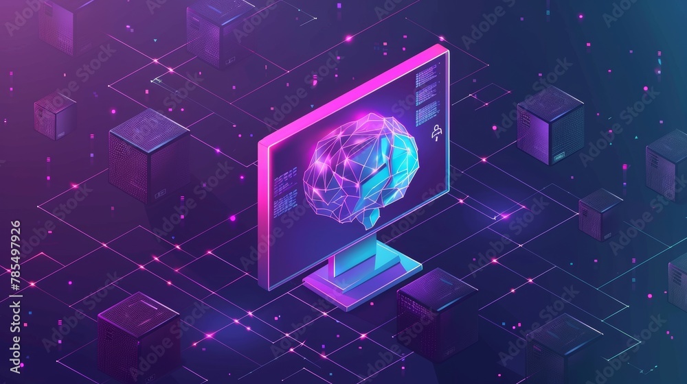 Poster computer monitor with search box on screen. artificial intelligence. seo optimization, analysis serv