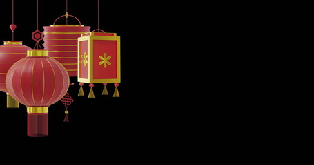 Image of chinese red lamps hanging with copy space on black background